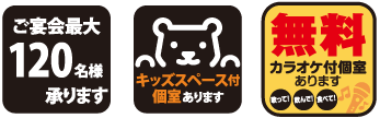 ご宴会最大120名様承ります。キッズスペース付個室あｒます。無料カラオケ付個室あります。