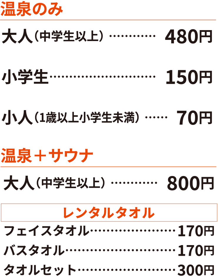 [温泉のみ]大人（中学生以上）：480円、小学生：150円、小人（1歳以上小学生未満：70円 [温泉+サウナ]大人（中学生以上）：800円／【レンタルタオル】フェイスタオル：170円、バスタオル：170円、タオルセット：300円